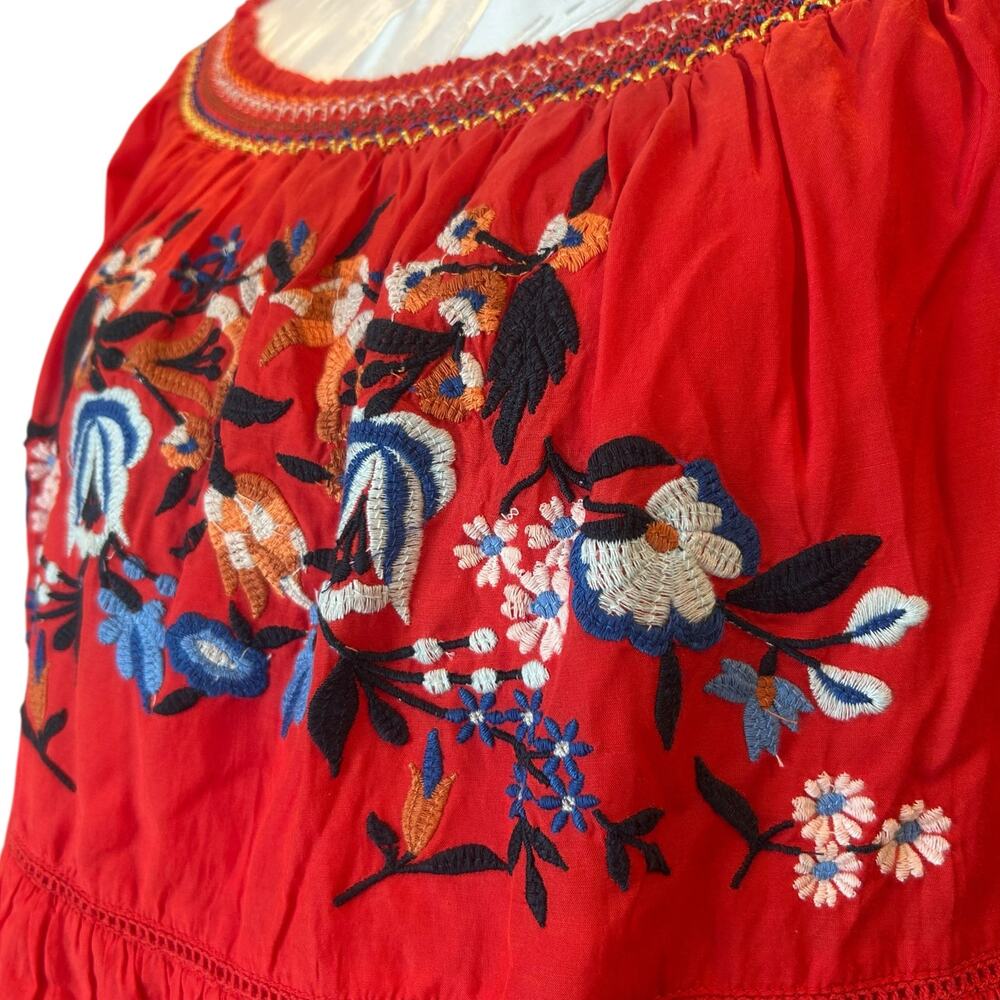 Free People Red Tiered Mini Dress Womens Sz Medium Sunbeams Embroidered Boho - Picture 10 of 16